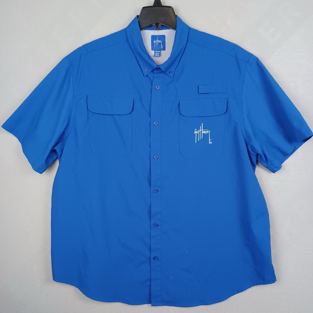 Guy Harvey Mens 2XL Blue Performance Vented Fishing Shirt Short Sleeve Pocket